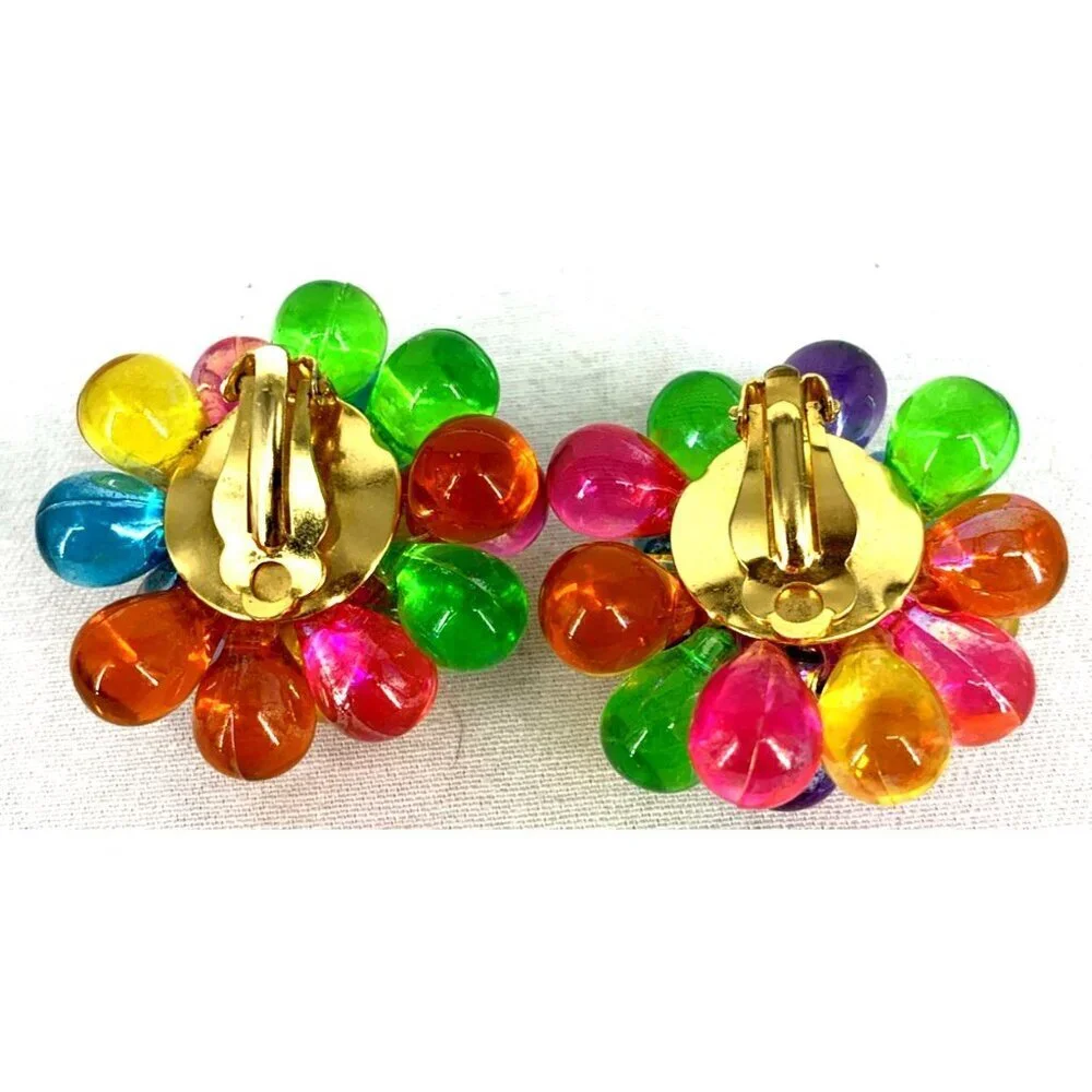 Lucite Earrings Multi Colored Bubbles Cluster Clip-On Jewelry 1.5